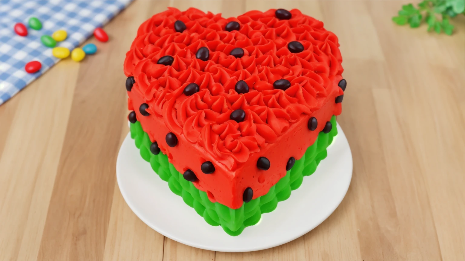 on a wooden table, there is a heart-shaped cake on a white plate,. red and green cream cake. there is a blue checkered tablecloth on the table next to it, scattered rainbow jelly beans, chamomile lies, Multiple light sources, bright lighting, Realistic style , realistic texture, detailed texture, A high resolution, high quality, macro photo, ultra hd 4k quality.