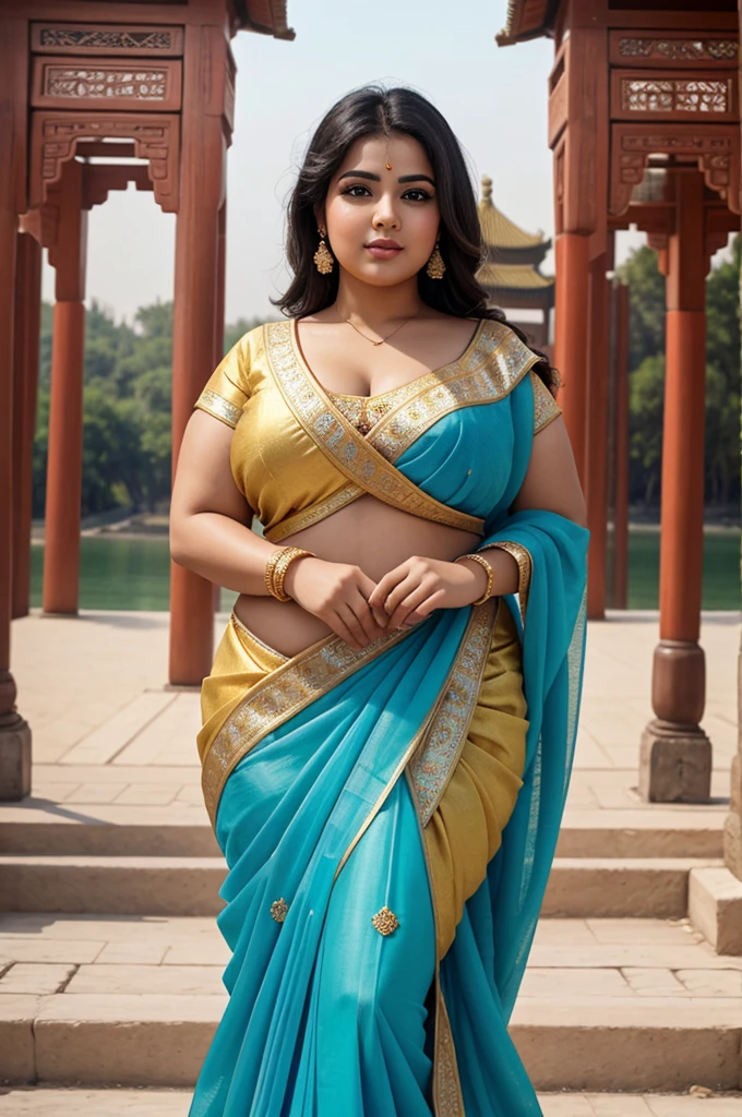 1 Heavenly beautiful and goddess beauty cute and sweet looking face Arabian female in front of Summer Palace, China, Heavenly beautiful Overweight, Heavenly beautiful Extremely fat, Heavenly beautiful and attractive Chubby figure , Heavenly beautiful looking and eye catching luxury style Bandhani Saree , reaching out, Heavenly beautiful Arabian woman, 16k, High resolution, masterpiece, highest quality, fine skin, outside view, Realistic Photograph, close up face view