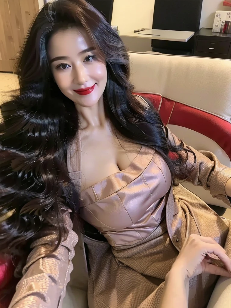 ((Highest quality、8K、masterpiece:1.3))、Sharp focus, high resolution, High resolution,shirt,business suit,37-year-old woman with long wavy hair,mature,Cute Smile,Draw lips correctly, Red lipstick,stand,Slim figure,Big Breasts,Office interior background,Full Body Shot