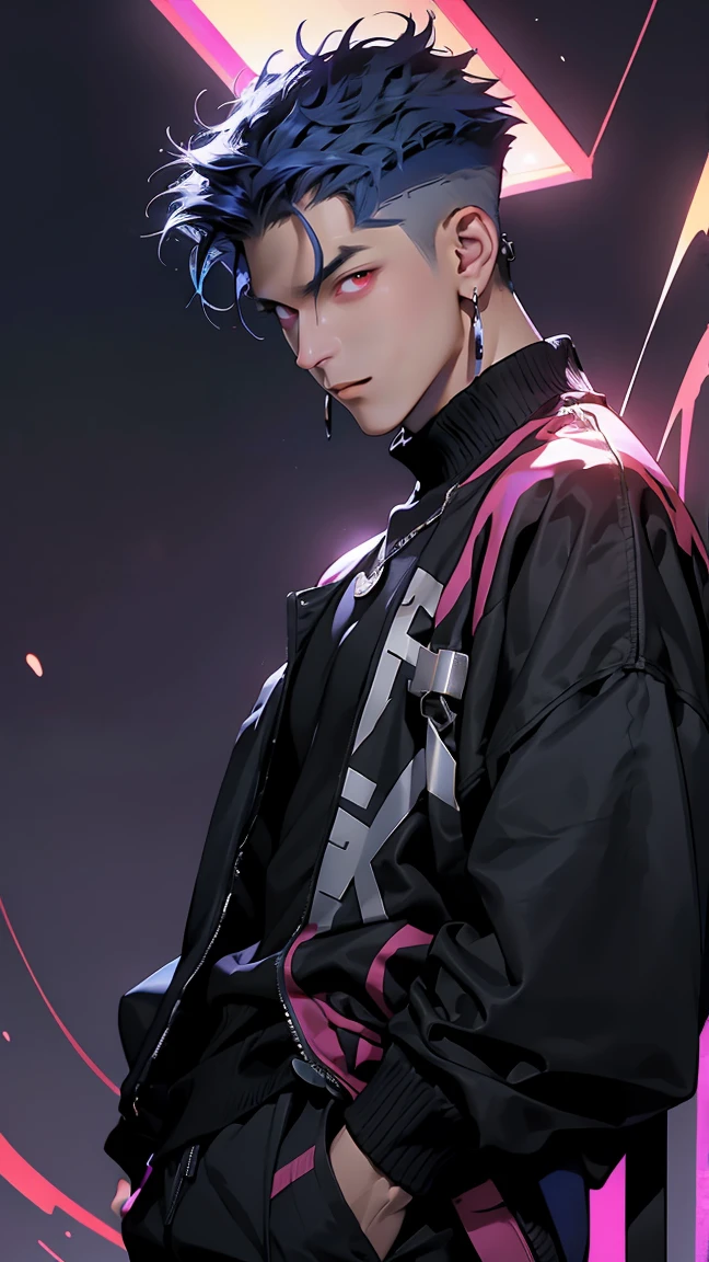 highest quality, 8K, high resolution image, anime style Jujutsu Kaisen, (Gilgamesh | Fate), detailed strokes, bored look , blurred, purple light reflecting from it, (close angle), 1 man, young, male, model, hand in pocket, cool guy, multicolored Background with various geometric shapes, around stickers, muscular, dark Blue hair, Hairstyle, Hairstyle:Undercut, Red eyes, short Hair, Blue hair, highlighted hair ,swollen chest, He is wearing a black sportjacket and black sweatpants, Black Sportjacket, black sweatpants and a gold link chain, sweatpants, Background: Room,