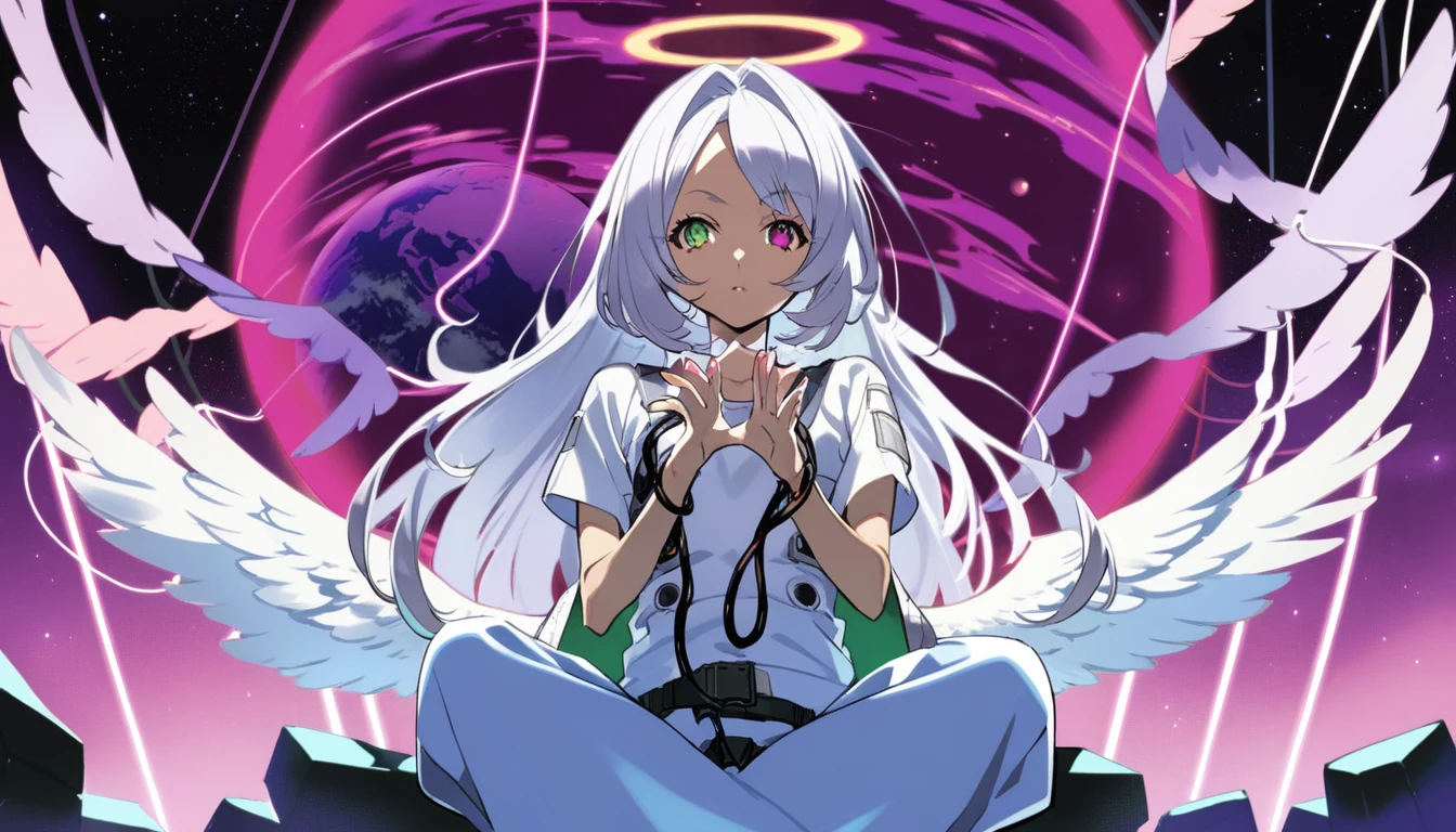 One girl, by yoneyama mai, Mymuro, Suspected habitat, wave hands, Heterochromatic pupil, (Sitting on a neon planet), Cowboy Shot,Great quality, Pushed down, Angel Wings, alone, Long white hair, Winged Bangs, Provocative, Space Background, The contrast between the cables and wires is aesthetically pleasing, Beautiful colors, (Great quality:1.5), masterpiece