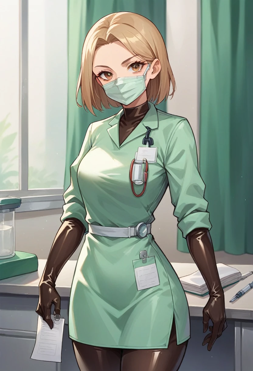 1girl, light hair, ((brown elbow gloves)), ((surgical gloves)), ((latex gloves)), ((long sleeves)) ((green surgeon outfit)), surgeon mask, looking at viewer, ((doctor)), standing, solo