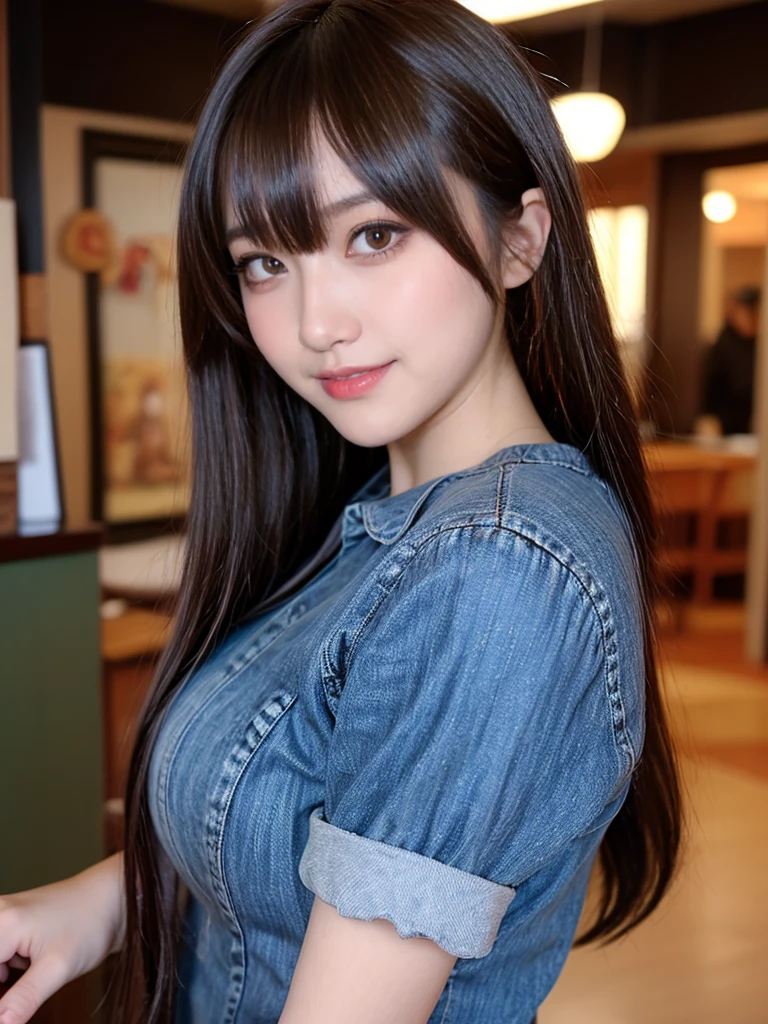 (masterpiece:1.2, highest quality), blur the background,Photographed with a wide-angle single focus lens,1 High school girl, (big breasts), wearing cute casual clothes, brown hair,bright eyes,blushing face,Highly detailed face and skin texture, healthy skin,big smile, (Shibuya),4K resolution