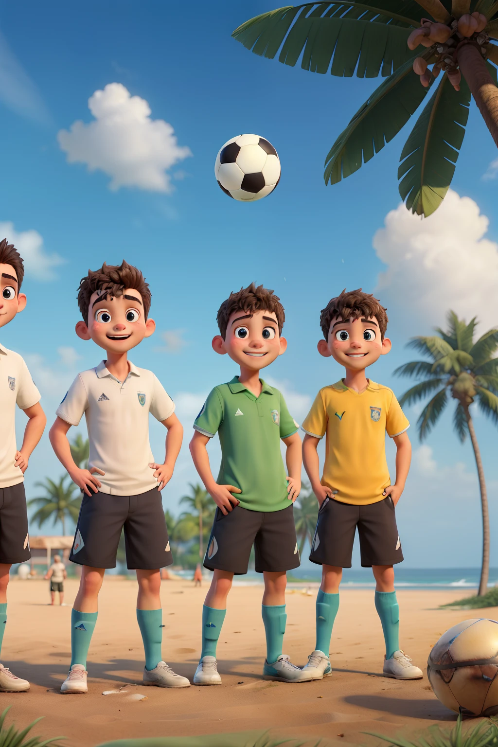 ((best quality)), ((masterpiece)), (detailed), 5villageboys are playing soccer happyly in the rains, there is coconut trees, white sands at the beach.