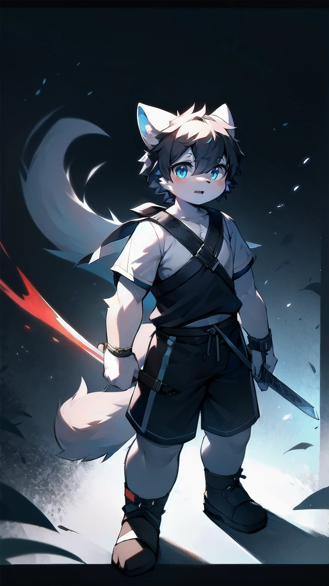White Wolf,black hair,Sky blue eyes,hairy,Wolf ears,Wolf tail,Full body portrait,The character is in the center of the frame,Handsome,Confident eyes,male,juvenile,Black and white combat uniform,Red neck bib,Black shorts,Short sleeve,hairy arms and legs,Dark background,Dark battlefield,dawn,sunrise,dawn,illumination,shadow,Swordsman,Scabbard and sword,Hold the hilt of a sword in your hand,The scabbard is at the waist,Highest quality