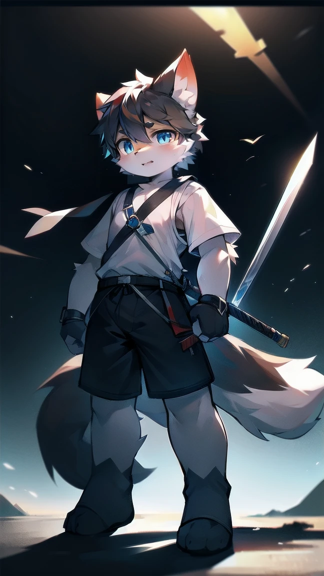 White Wolf,black hair,Sky blue eyes,hairy,Wolf ears,Wolf tail,Full body portrait,The character is in the center of the frame,Handsome,Confident eyes,male,juvenile,Black and white combat uniform,Red neck bib,Black shorts,Short sleeve,hairy arms and legs,Dark background,Dark battlefield,dawn,sunrise,dawn,illumination,shadow,Swordsman,Scabbard and sword,Hold the hilt of a sword in your hand,The scabbard is at the waist,Highest quality