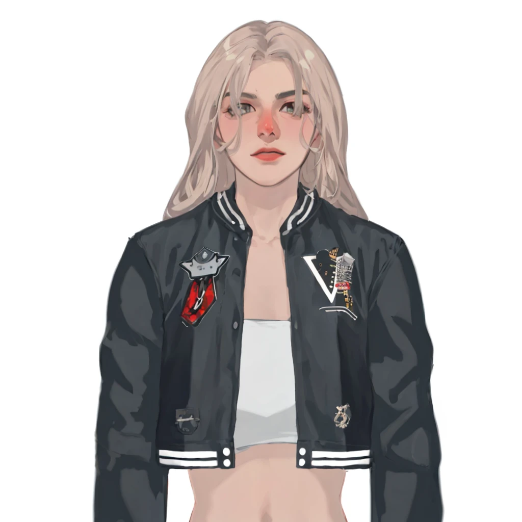 (masterpiece:1.2, best quality), (1girl, solo, upper body:1.2),flat face,Hair: buzz cut, Clothing: oversized, distressed denim jacket with patches and pins, paired with black skinny jeans and combat boots, Hanging out in an underground music venue or street art exhibit