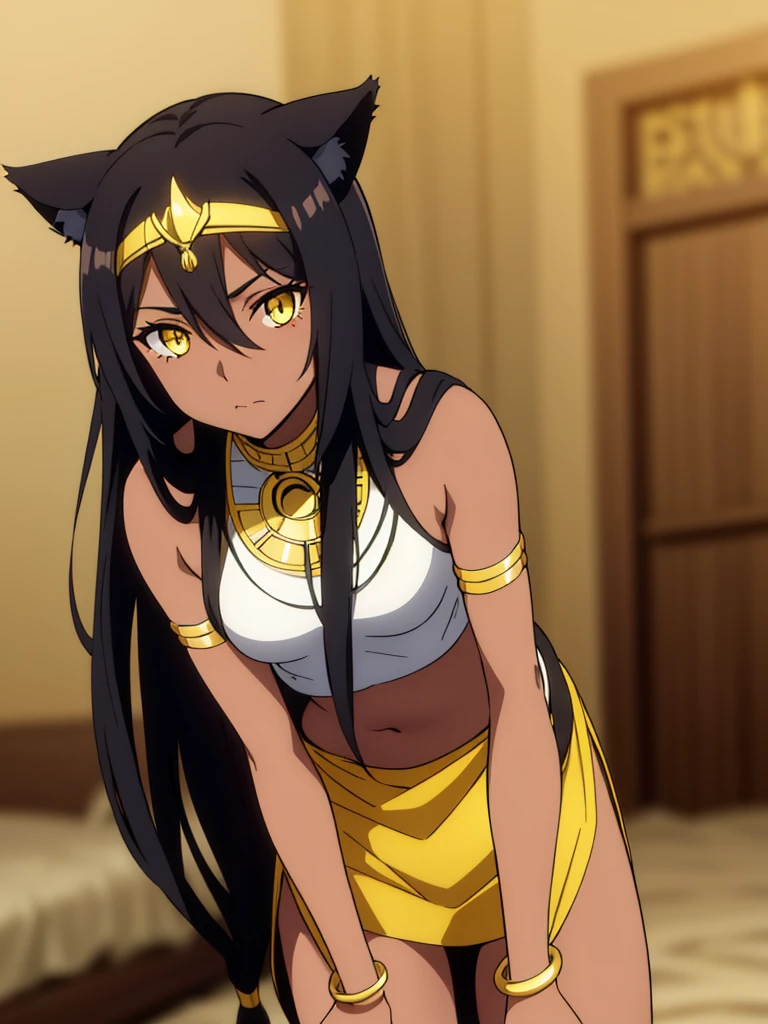 1girl ,solo,20s,mature female,black hair,long hair,cat ears,yellow eyes,(((dark skin))),(egypt room),egypt oufit,bare shoulders,