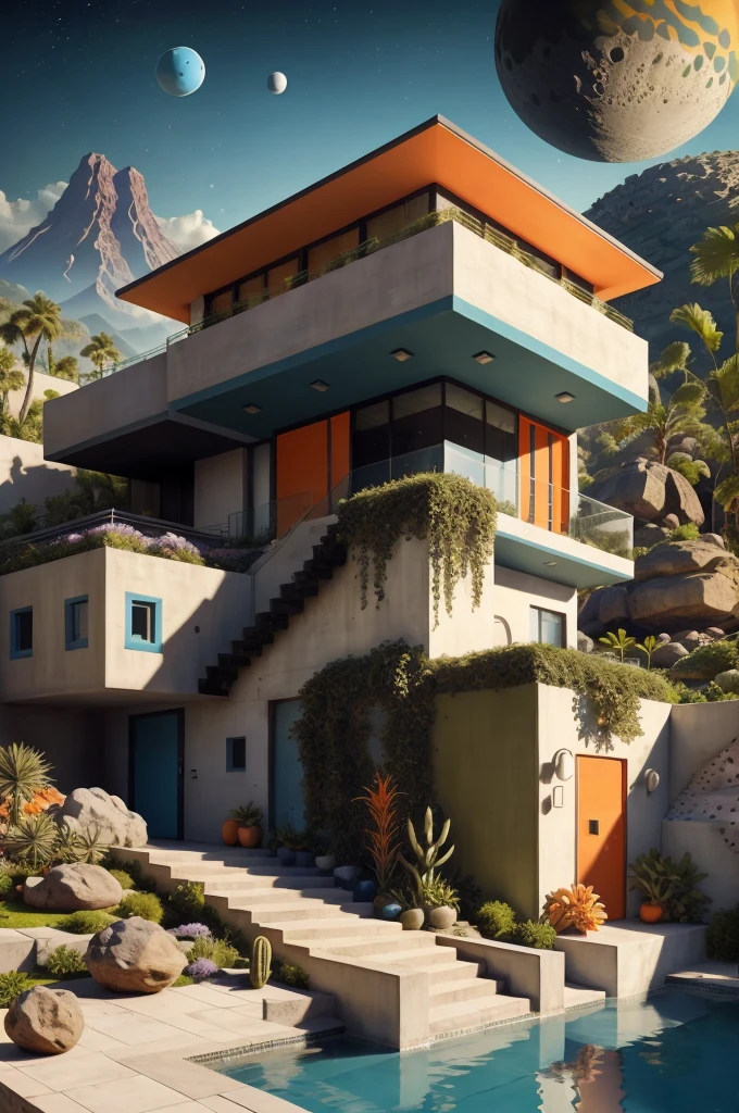 An illustration in collage style, with giant boulders, brutalist building sections, terraces, stairs, cacti, agave, concrete texture, multiple geometric shapes, hatch and cross hatching, planet saturn, volcano, moon, Luis Barragán's architectural style build, milky way galaxy, violet, one motorcycle, An illustration in collage style, with giant boulders, brutalist building sections, stairs, cacti, agave, concrete texture, multiple geometric shapes, hatch and cross hatching, planet saturn, volcano, moon, Luis Barragán's architectural style build, reflective pool, terraces. An elegant and modern build, in top of big boulders, with terraces, materials concrete, wood, steel and crystal, various gardens with tropical vegetation, cacti and rocks, stairs, a pool. In middle of sea, a big wave near, sunset, mountains and a volcano in the horizont, cute islands around, illustration format, cute color palette, detailed, masterpiece, award-winning work, clouds, Illustration, a garden with abundant cacti, ((various organic sculptures)), ((big rocks)), (((multiple sections))), collage style, detailed, (((color palette (olive green), (Mustard orange), cool grey, ((blue)), black and white))), (((a lot Luis barragán's architecture style builds))) big clouds, volcano in horizon, stairs, in the desert. ((masterpiece, best quality)),illustration,ultra detailed 8k, ((Ori Toor visual style)),soviet, megabuildings, megastructures, buildings, organic steel sculpture