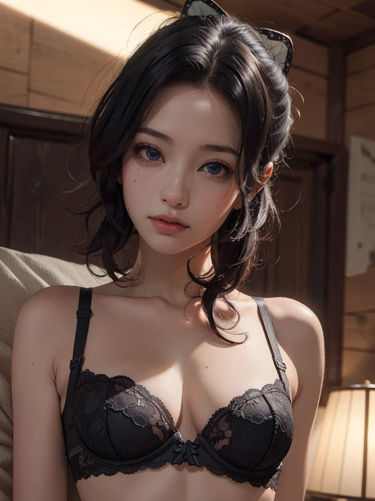 Shinobu Kocho, 1girl, demon slayer, beautiful detailed eyes, beautiful detailed lips, extremely detailed face and eyes, long eyelashes, sexy lingerie, lace bra and panties, intricate details, delicate features, flawless skin, elegant pose, soft lighting, warm color palette, cinematic composition, photorealistic, (best quality,4k,8k,highres,masterpiece:1.2),ultra-detailed,(realistic,photorealistic,photo-realistic:1.37),cinematic lighting,dramatic shadows,vibrant colors