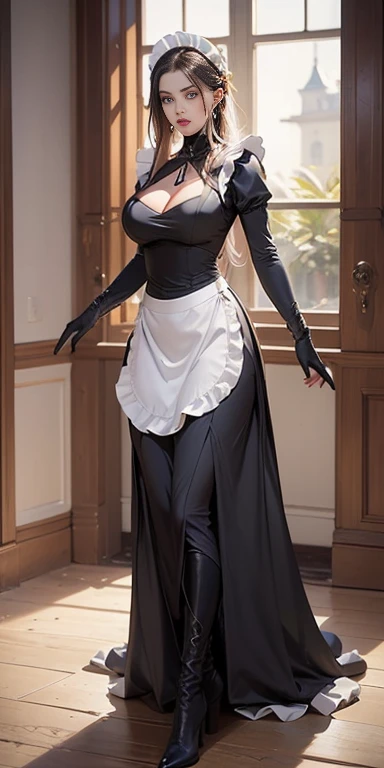 (((Full and soft breasts,)))(((Huge breasts))) (((Cleavage))) (Perfect curvy figure), whole body挺直对称 (Mature female:1.4) (masterpiece, best quality) (maid, maid headdress, maid apron) indoors, window, best quality, high quality, Dark black skin. Messy long hair, Yellow eyes, whole body, definition_Effie, blue breast armor, Looking at the audience, Shining Armor, High Leg Raise, High boots, Scapula, Fault, Pauline, Red gloves hand guards