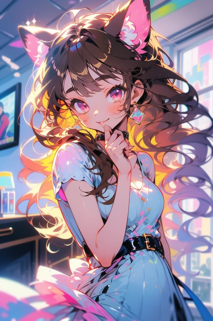 ((masterpiece)), ((detailed, high quality)), girl, cute face:1.2, soft brown hair, super straight hair, ((puppy ears down, floppy ears)), pink eyes, bedroom, close-up, cute pose, very long hair, fluffy bangs, ((dynamic pose)), brown sexy dress, sexy, choker