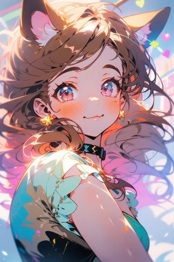 ((masterpiece)), ((detailed, high quality)), girl, cute face:1.2, soft brown hair, super straight hair, ((puppy ears down, floppy ears)), pink eyes, bedroom, close-up, cute pose, very long hair, fluffy bangs, ((dynamic pose)), brown sexy dress, sexy, choker