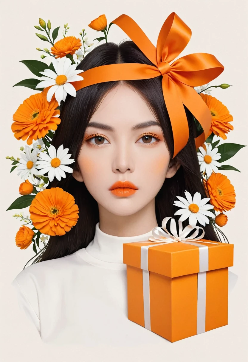 poster design，The face is a giant orange gift box，Flowers，Ribbon，White crewneck shirt，fantasy，Minimalism，fantasy，in style of Hayv Kahraman