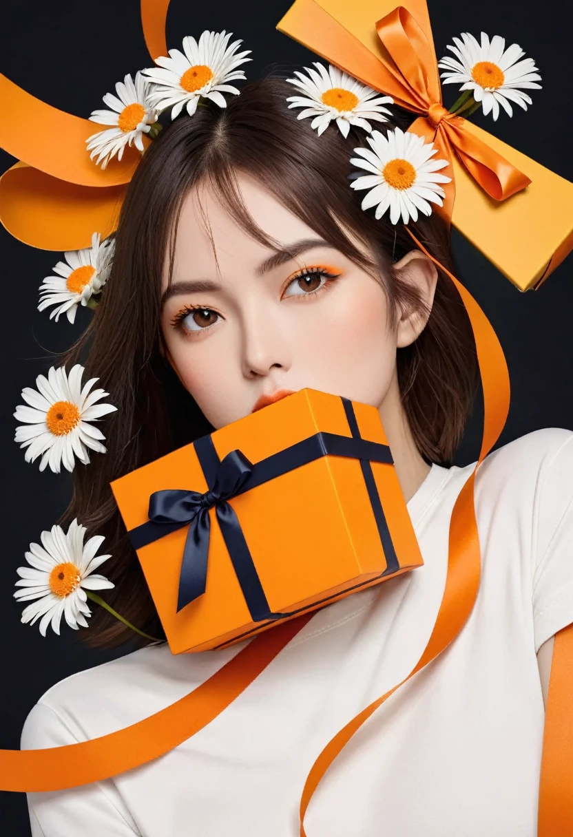 poster design，The face is a giant orange gift box，Flowers，Ribbon，White crewneck shirt，fantasy，Minimalism，fantasy，in style of Hayv Kahraman