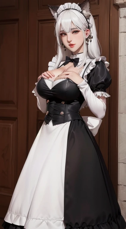 White hair, mouthless, maid outfit, hands on chest, love beast ears, bottomless hole(((Full and soft breasts,)))(((Huge breasts))) (((Cleavage))) (Perfect curvy figure),