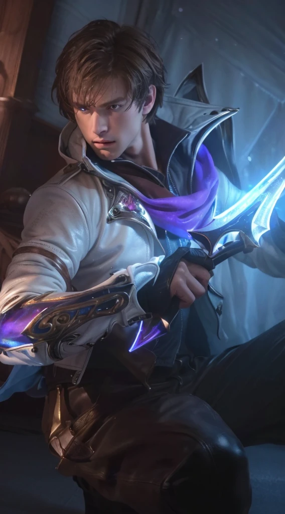 (best quality,4k,8k,highres,masterpiece:1.2), ultra-detailed, realistic:1.37, close up, young boy, holding glow dagger, room, brown hair, white leather jacket, blue eyes, intense gaze, focused expression, dramatic lighting, illuminated room, vivid colors, sharp focus, puprle shawl