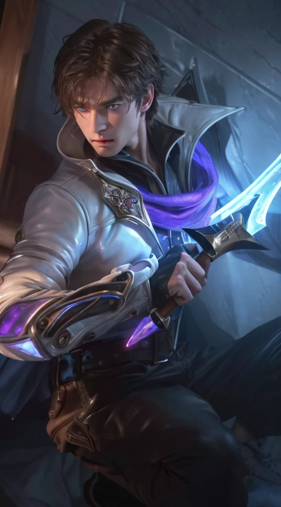 (best quality,4k,8k,highres,masterpiece:1.2), ultra-detailed, realistic:1.37, close up, young boy, holding glow dagger, room, brown hair, white leather jacket, blue eyes, intense gaze, focused expression, dramatic lighting, illuminated room, vivid colors, sharp focus, puprle shawl