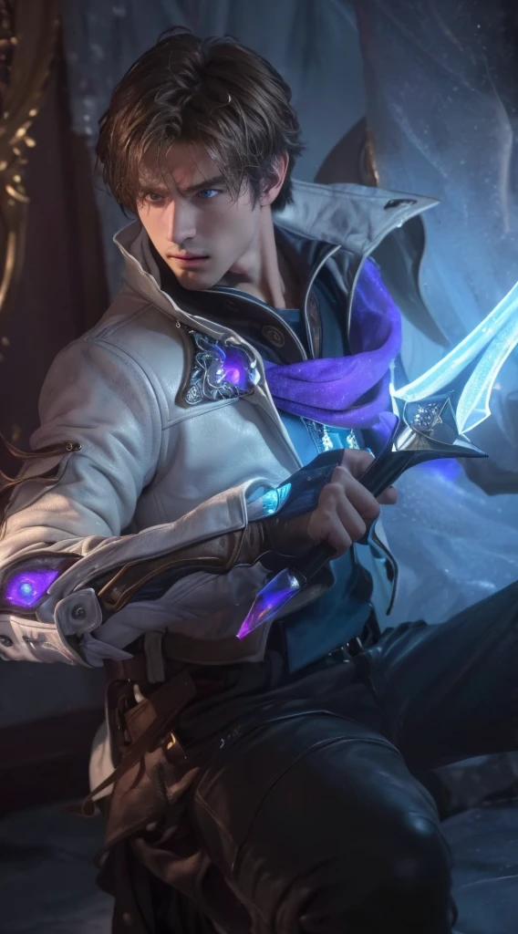 (best quality,4k,8k,highres,masterpiece:1.2), ultra-detailed, realistic:1.37, close up, young boy, holding glow dagger, room, brown hair, white leather jacket, blue eyes, intense gaze, focused expression, dramatic lighting, illuminated room, vivid colors, sharp focus, puprle shawl