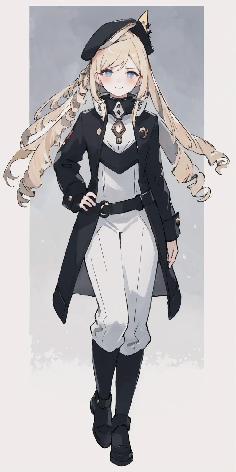 (4k, ultra high resolution, Prominence in Masterpiece, High Quality, Best Quality: 1.2) full body, 1 female, solo, 1girl, 1woman, lustful smirking smile blush, looking at viewer, sitting, blonde hair, long hair, (black jacket), beautiful and detailed face, detailed eyes, looking at the viewer (grey theme) close jacket (aesthetic clothing) hands on hips, wide hips, blonde long hair, blonde drill hair, blonde twin drills hair, blue wizard hat, Handcuffs on their hands, With a collar around the neck
