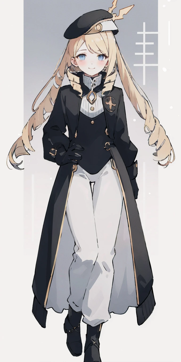 (4k, ultra high resolution, Prominence in Masterpiece, High Quality, Best Quality: 1.2) full body, 1 female, solo, 1girl, 1woman, lustful smirking smile blush, looking at viewer, sitting, blonde hair, long hair, (black jacket), beautiful and detailed face, detailed eyes, looking at the viewer (grey theme) close jacket (aesthetic clothing) hands on hips, wide hips, blonde long hair, blonde drill hair, blonde twin drills hair, blue wizard hat, Handcuffs on their hands, With a collar around the neck