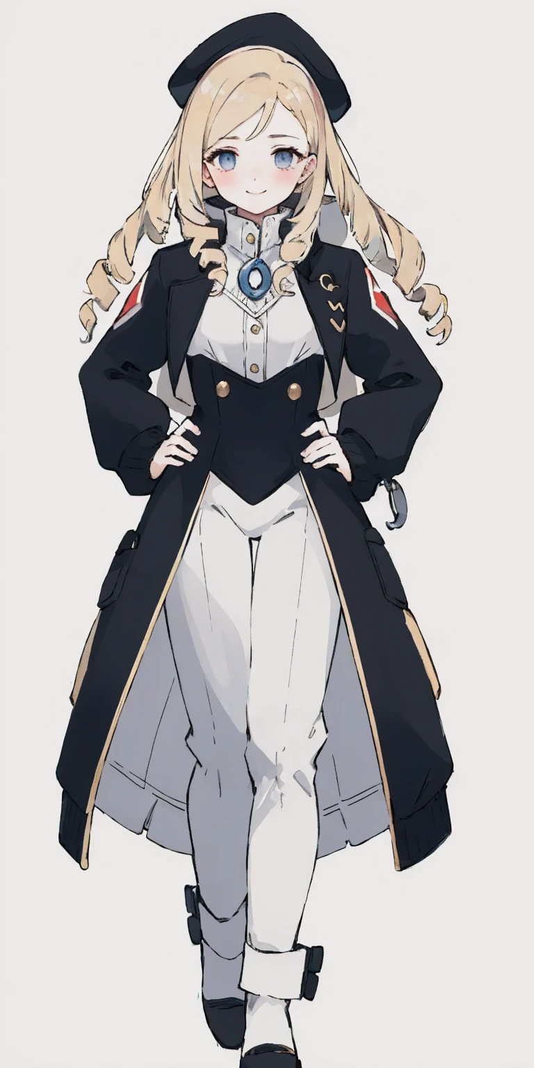 (4k, ultra high resolution, Prominence in Masterpiece, High Quality, Best Quality: 1.2) full body, 1 female, solo, 1girl, 1woman, lustful smirking smile blush, looking at viewer, sitting, blonde hair, long hair, (black jacket), beautiful and detailed face, detailed eyes, looking at the viewer (grey theme) close jacket (aesthetic clothing) hands on hips, wide hips, blonde long hair, blonde drill hair, blonde twin drills hair, blue wizard hat, Handcuffs on their hands, With a collar around the neck