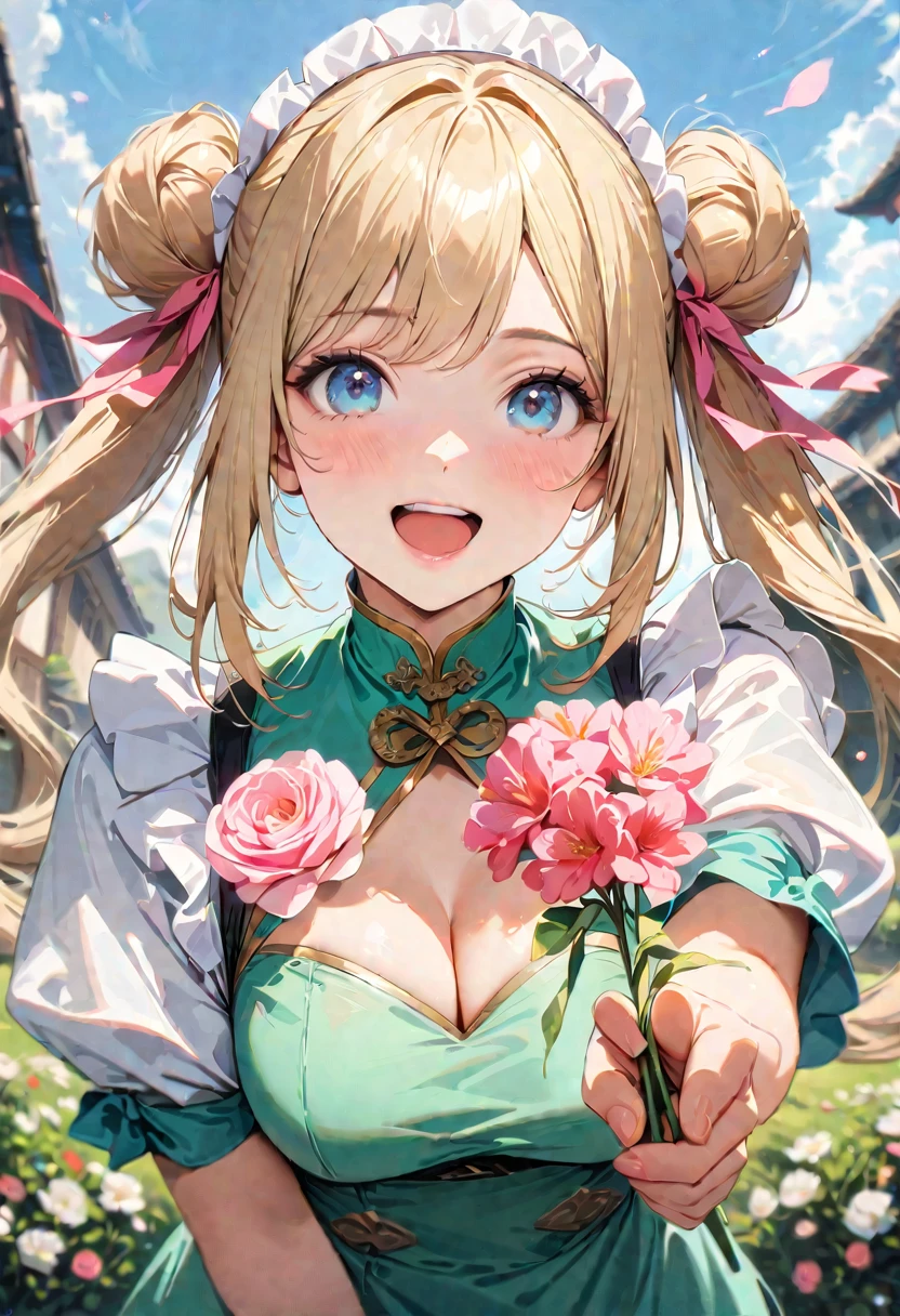 30 years old,1 mature woman,hyperrealistic, 8k, (extremely detailed 8k), (very delicate and beautiful), (masterpiece), (better quality:1.0), (ultra high resolution:1.0), (masterpiece, best quality), cute,blonde,cleavage cutout,(broen dress:1.3),gleaming skin,twintails,twin bun,a pink ribbon on the head,long hair,pastel green chinese maid dress,pastel green chinese dress,white long gloves,hold a bouquet of flowers,face and body straight at the camera,a bunch of flowers,POV,bust shot,white frill,puffy sleeves,laugh with open mouth,tareme,sky blue eyes,short truffle half apron,a gold buckle around someones neck,white corset