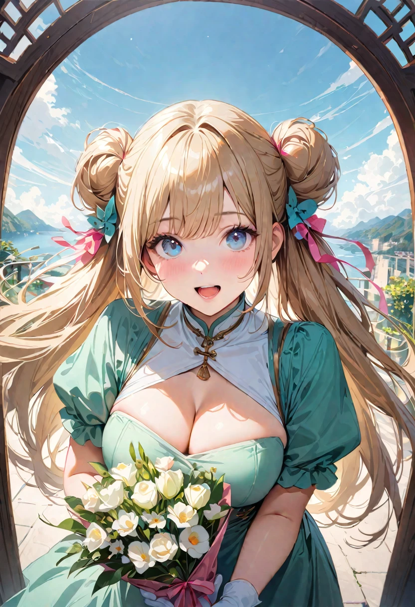 30 years old,1 mature woman,hyperrealistic, 8k, (extremely detailed 8k), (very delicate and beautiful), (masterpiece), (better quality:1.0), (ultra high resolution:1.0), (masterpiece, best quality), cute,blonde,cleavage cutout,(broen dress:1.3),gleaming skin,twintails,twin bun,a pink ribbon on the head,long hair,pastel green chinese maid dress,pastel green chinese dress,white long gloves,hold a bouquet of flowers,face and body straight at the camera,a bunch of flowers,POV,bust shot,white frill,puffy sleeves,laugh with open mouth,tareme,sky blue eyes,short truffle half apron,a gold buckle around someones neck,white corset
