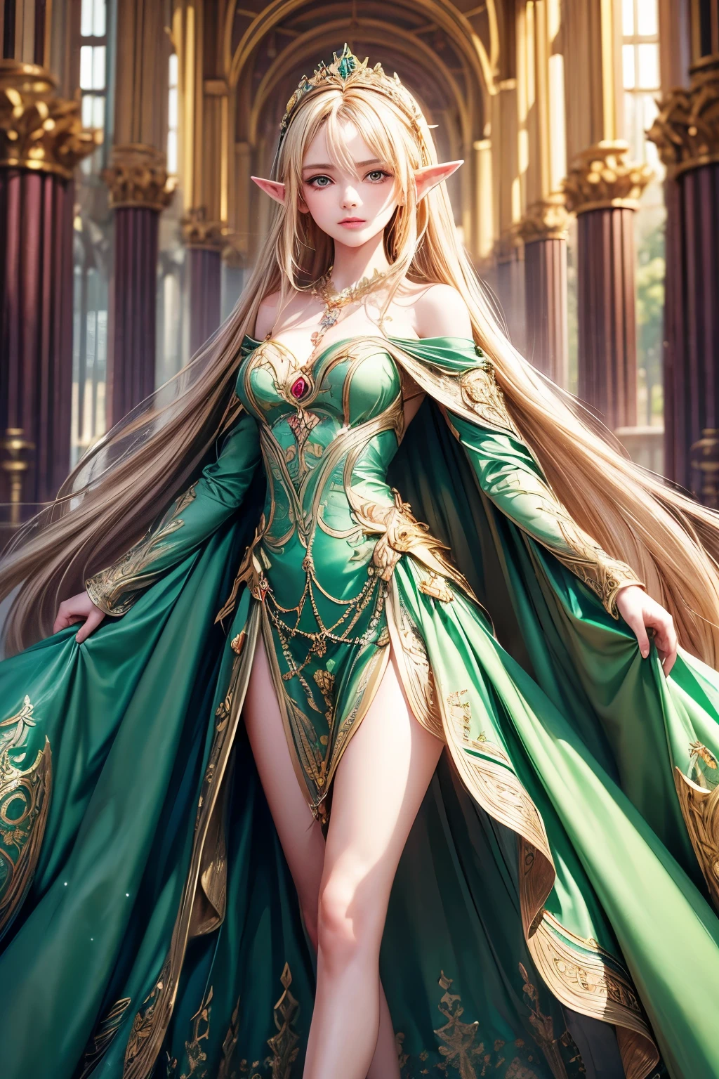 masterpiece,Highest quality,Very detailed,Elf Beautiful Girl, ,Long blonde hair,Very beautiful and detailed eyes,Thin legs,Long skirt, underweight,Small breasts, full body,Beautiful peppermint green dress,Large ruby necklace,gem,Luxurious cape,A luxurious palace