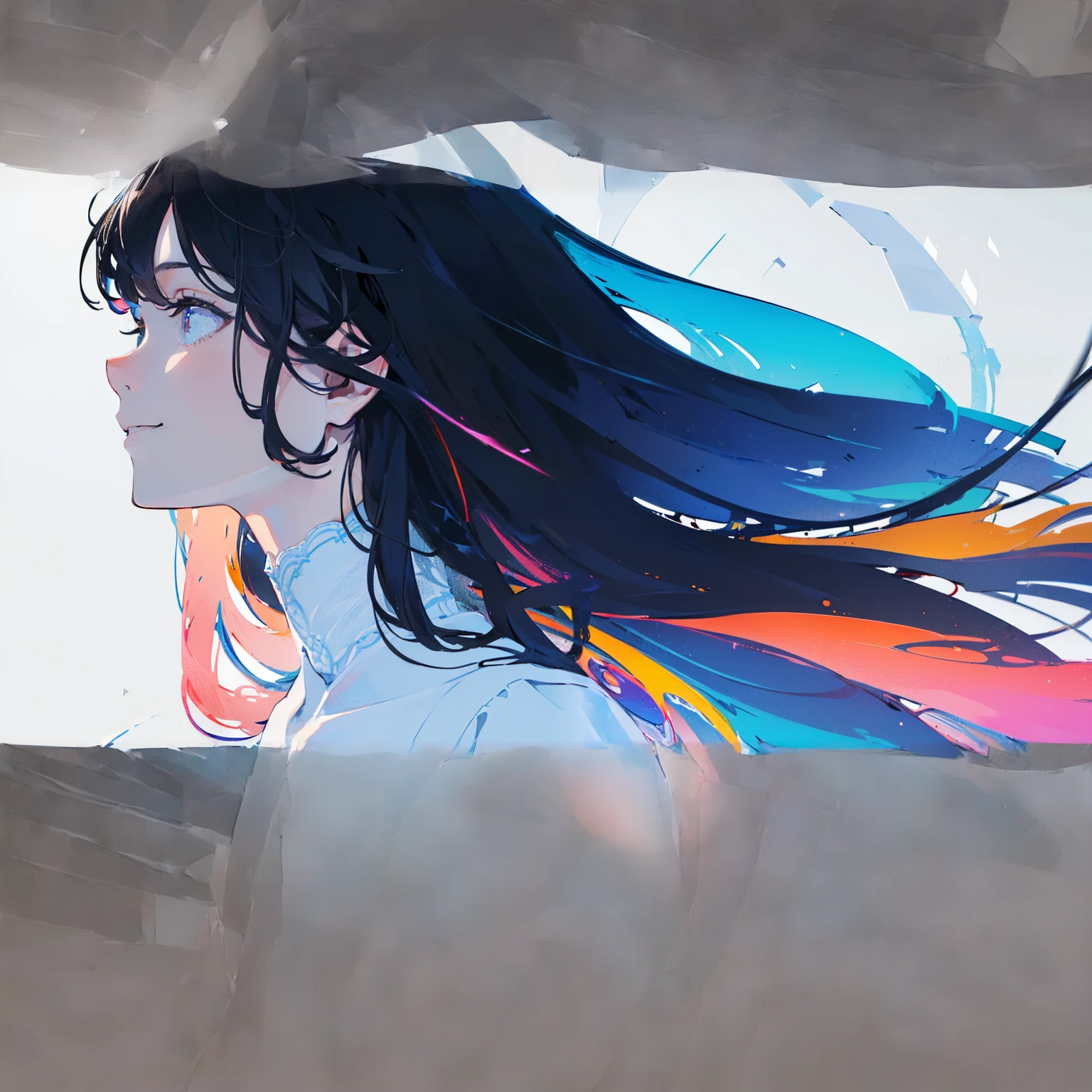 Ultra-high resolution, high resolution, ((premium, 8k, 32K, masterpiece)), Very detailed, (Low angle full body shot 1.2,) volumetric lighting, Cinematic, (((Colorful))), A dark-haired beauty, Japanese women, 20-year-old, Small face, , (photorealistic), (realistic),(A smile devoid of emotion), Demure dress, (Minimal exposure:2.0), silky hair, woman seen from behind, In the act of turning, looking up, Very fine and beautiful face, Beautiful and well-proportioned face, Very beautiful face, An empty major roadway