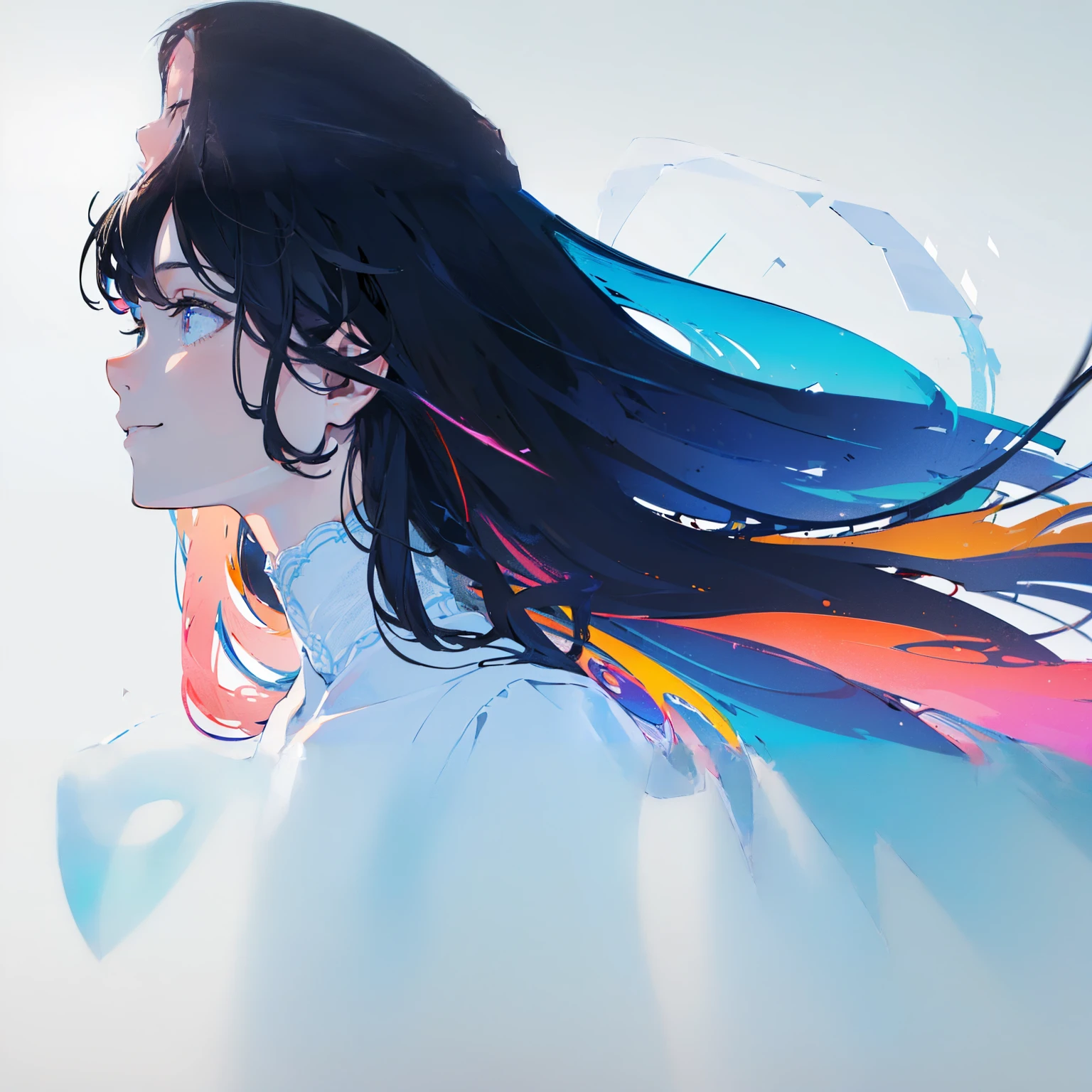 Ultra-high resolution, high resolution, ((premium, 8k, 32K, masterpiece)), Very detailed, (Low angle full body shot 1.2,) volumetric lighting, Cinematic, (((Colorful))), A dark-haired beauty, Japanese women, 20-year-old, Small face, , (photorealistic), (realistic),(A smile devoid of emotion), Demure dress, (Minimal exposure:2.0), silky hair, woman seen from behind, In the act of turning, looking up, Very fine and beautiful face, Beautiful and well-proportioned face, Very beautiful face, An empty major roadway