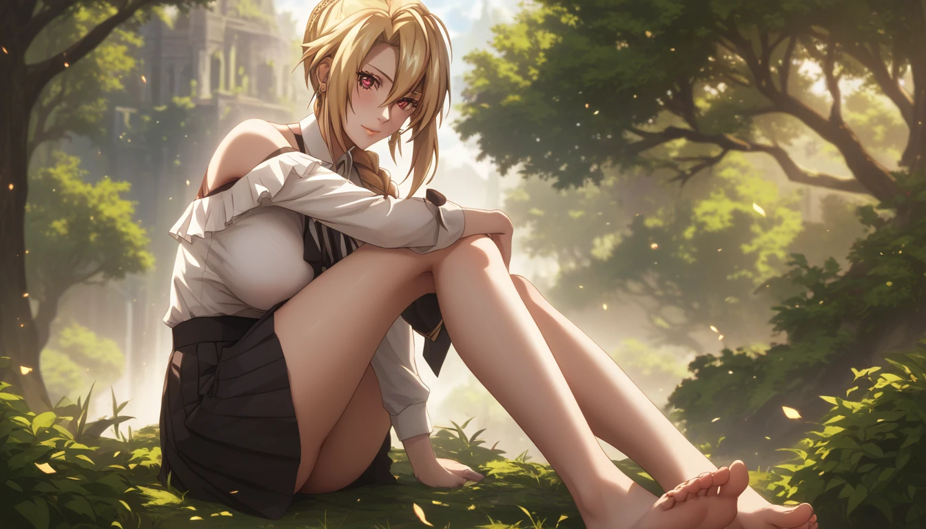 score_9, score_8_up, score_7_up, score_6_up, uncensored, angelica, blonde hair, braid, red eyes, BREAK (masterpiece:1.2), best quality, high resolution, (beautiful detailed eyes:1.3), perfect lighting, (perfect hands, perfect anatomy), large breasts, breasts, epic art, fantasy, 1girl, barefoot, feet, skirt, breasts, outdoors, looking_at_viewer, tree, bare_legs, sitting, solo, black_skirt, legs, bare_shoulders, toes, jewelry, thighs, shirt, earrings, off_shoulder, sidelocks, bush, long_sleeves, leg_hug, pleated_skirt, glow effects, godrays, Hand drawn, Vivid colors, extremely detailed CG unity 8k wallpaper, trending on CGSociety, Intricate, High Detail, dramatic,
