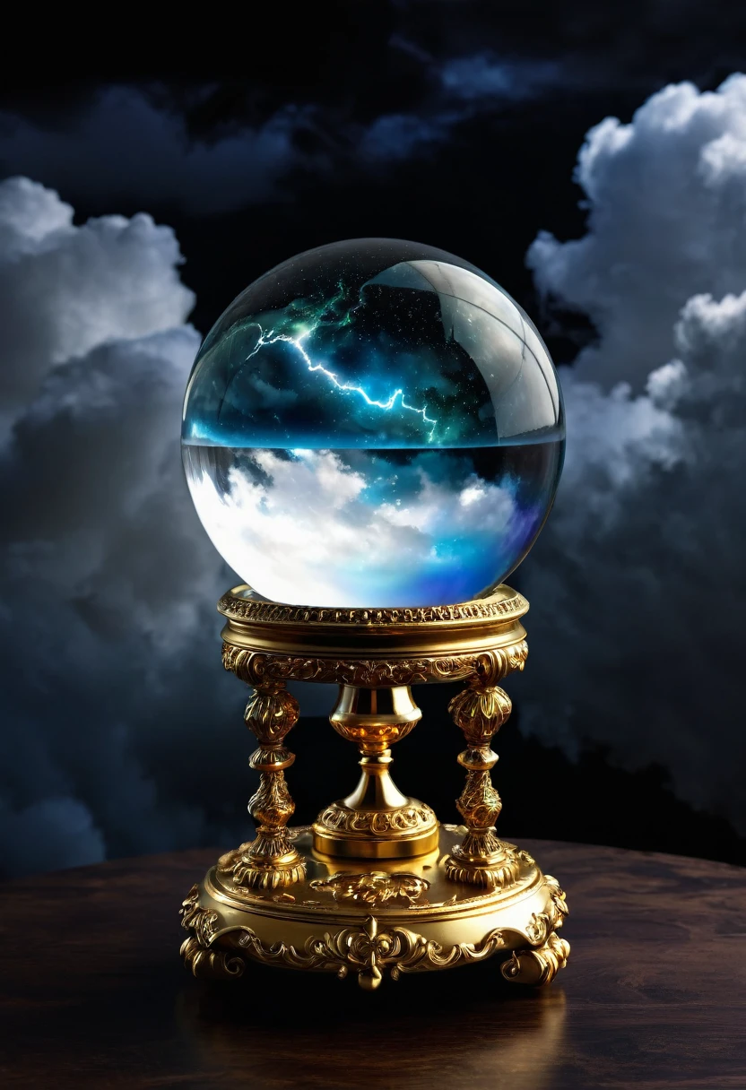 Image of a crystal ball, magical power inside the ball , horoscope tellers ball , ball kept on the top of a golden stand , dark background , dark clouds , thunder in the clouds