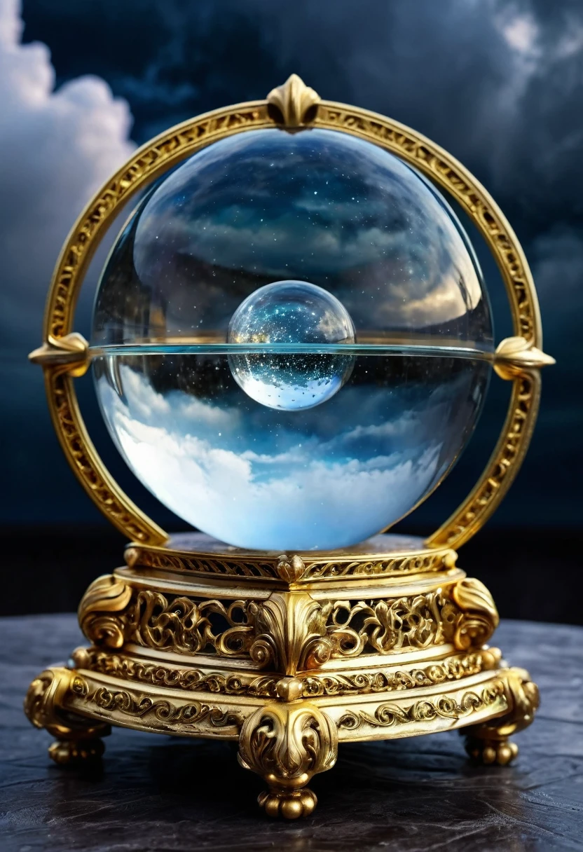 Image of a crystal ball, magical power inside the ball , horoscope tellers ball , ball kept on the top of a golden stand , dark background , dark clouds , thunder in the clouds 