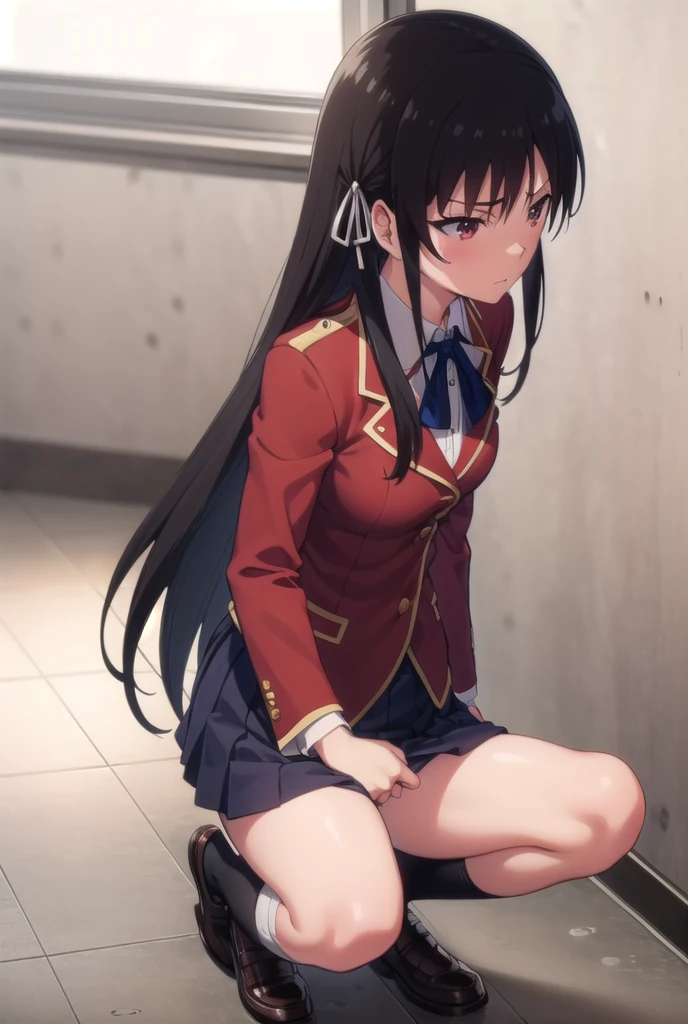 nsfw,suzune horikita,toilet,toiletに座る,Show the whole body,back shot,uniform,Red blazer,Hair ribbon, black knee-high socks,pull down pantie,looking away,Pee,Urinating,spread legs