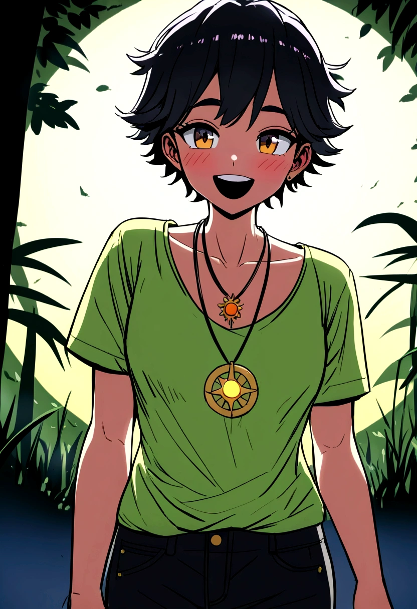 ([by dacad, por zac style,
(dog day, mascle, (necklace with sun-shaped pendant), eyes black, black mouth, ssmile, blush), typical cartoon character,
(standing, gazing at viewer, ssmile, glad, halfbody),
break,
(forest background),
(detailed back ground, Depth of field, ombre, moonlights, night light, natta), three-bedroom view masterpiece, best qualityer, 4K, 2k, (high détail, shadowed:1.25), Absurd resolution,