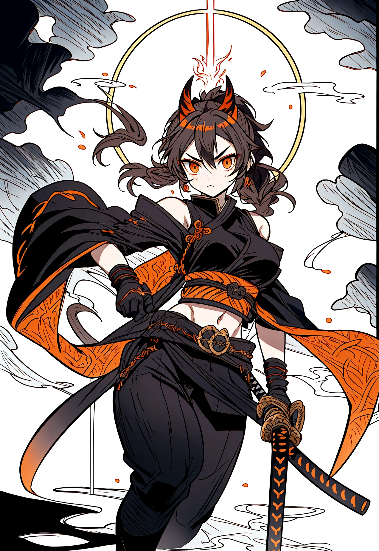 A warrior woman inspired by "Demon Slayer" wears a stylish and powerful Hashira uniform. She wears a black top that reveals her toned stomach, paired with fitted black pants. Black kimono has tips adorned with a gradient of flames, from yellow to orange. She has medium black hair, loose and curled, emoldurando seu rosto. His dark brown eyes exude determination and wisdom.. She holds a katana tightly, and around you, there is an aura of dancing flames, reflecting its intense presence. The scenery is dramatic, with a full moon in the sky. shoulders showing, tight-fitting glove up to the forearm
