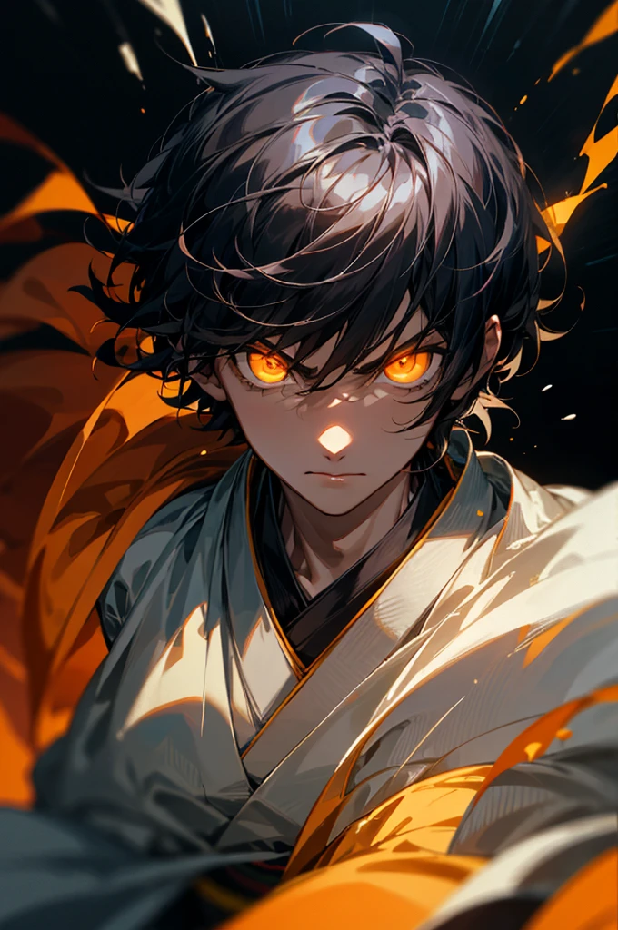((best quality)), (detailed), 1boy, 19 years old, black hair, (((short hair))), monk, orange eyes, ((orange powerful aura)), glowing eyes, menacing pose, ((black kimono)) with orange details, BREAK, solid background, character upperbody portrait