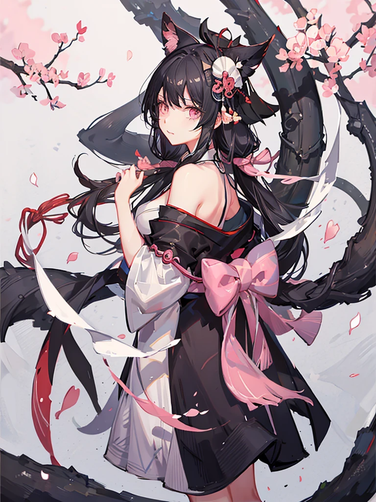 best quality, character design sheet, adult woman、No hat on, Black and pink hair, whole body, Head to Toe, Fortuneteller、Standing facing forward, Beautiful black dress, long Black Hair, Pure white background, from front, best quality, Cherry blossom pattern、Japanese、Adult Japanese、Clear eyes、Standing facing forward、The face is facing forward、holding a magic card in hand、White background、Black western dress、Neutral face、Black hair with pink inner color