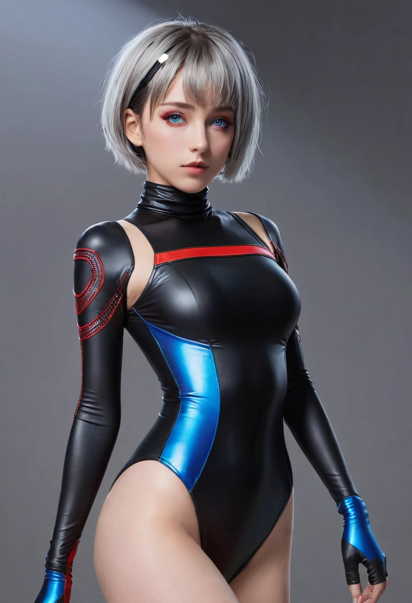 cyber punk edgerunners, One girl, Lucy (cyber punk), Bare shoulders, blue eyes, chest, leotard, View your viewers, medium chest, Off the shoulderジャケット, Off the shoulder, Red eyeliner, short hair, sleeveless turtleneck leotard, alone, turtleneck leotard, Gray Hair, ((masterpiece)) (Highest quality, masterpiece), standing, front view, fullbody