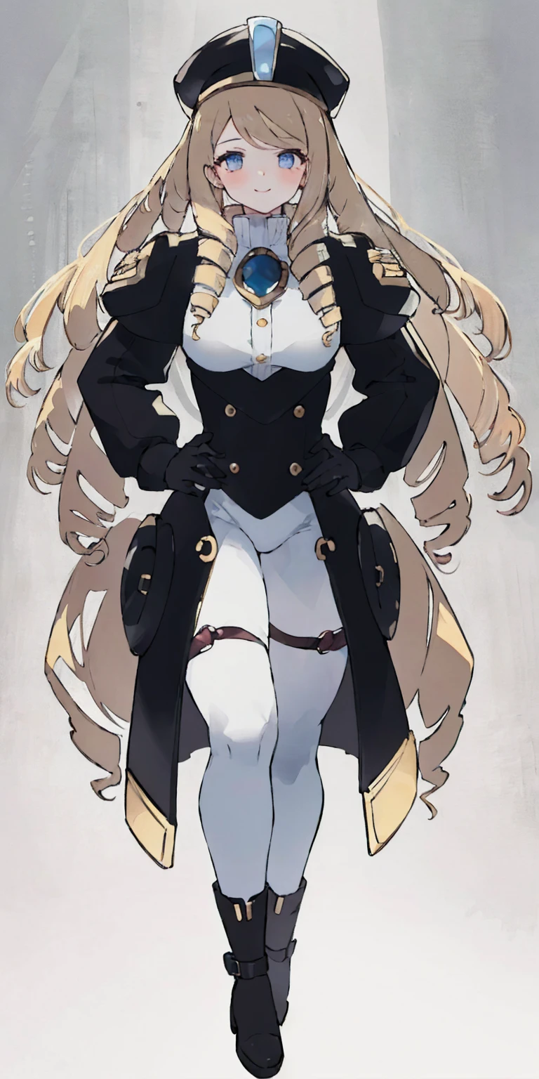(4k, ultra high resolution, Prominence in Masterpiece, High Quality, Best Quality: 1.2) full body, 1 female, solo, 1girl, 1woman, lustful smirking smile blush, looking at viewer, sitting, blonde hair, long hair, (black jacket), beautiful and detailed face, detailed eyes, looking at the viewer (grey theme) close jacket (aesthetic clothing) hands on hips, wide hips, blonde long hair, blonde drill hair, blonde twin drills hair, blue wizard hat, Handcuffs on their hands, With a collar around the neck