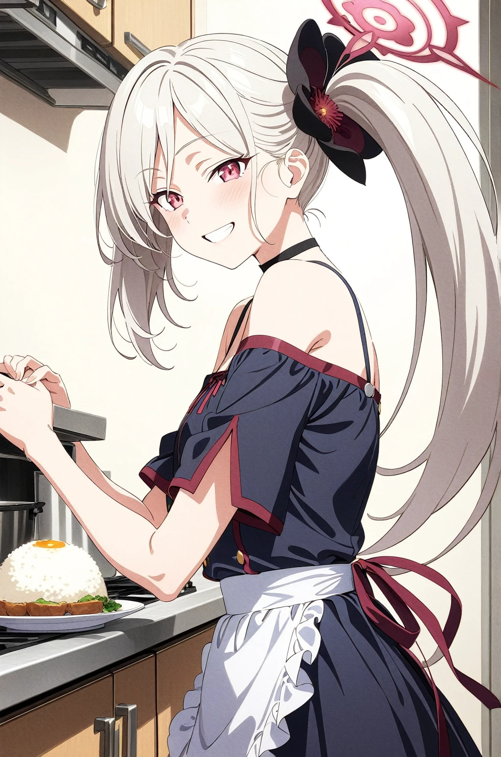 best quality, amazing quality, very aesthetic, absurdres, (1girl, mutsuki, blue archive, solo, red eyes, white hair, side ponytail), (realistic face:0.9),(off-shoulder dress:1.8),dress lift, (grin, blush, thigh:1.3), (cowboy shot), (glowing eyes), (half closed eyes:0.9), (from side:2),(official art:1.3), (kitchen), expressive eyes, perfect face, 4k, extremely detailed anime illustration, extremely detailed eyes, perfect anatomy, light rays, extremely delicate body, smooth skin, (school background:1.5), clear eyes, beautiful face, small breasts,(anime style:1.7), (Warm Light:1.5), (highres:2), In the kitchen, brightly lit by the morning sun, a woman in a white apron is smiling at us. In her right hand is a handful of rice balls, and in her left is a small white plate filled with salt. Her smile is as if she is saying, "Look, it's almost ready.