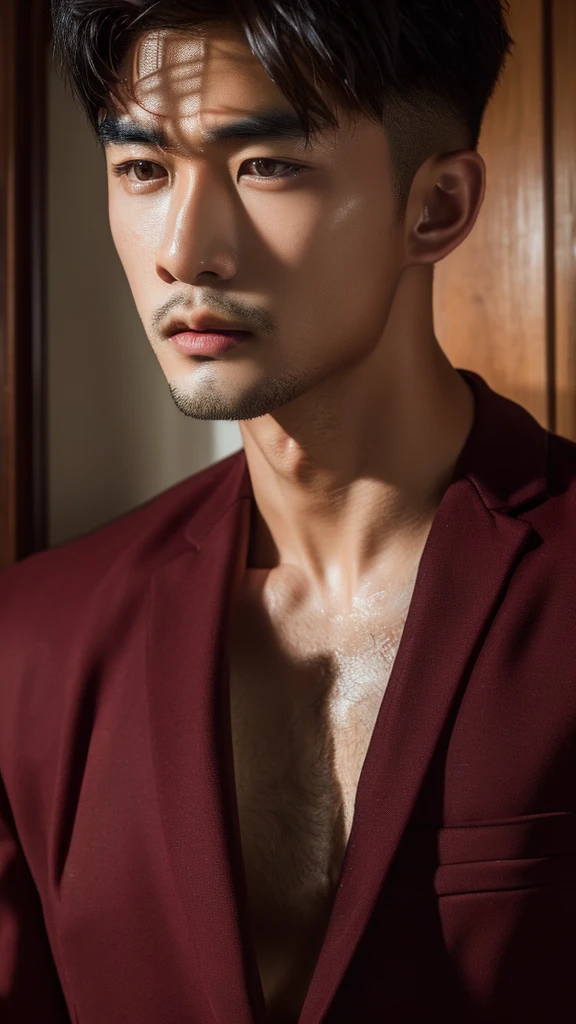 Asian man wearing a maroon suit,Anatomically correct, detailed skin, (detailed face), Very detailed and delicate eyes, Clean and shiny lips, (Very detailed:1.3), (best quality:1.3), (Masterpiece, 8K:1.3), (realistic:1.3), natural light