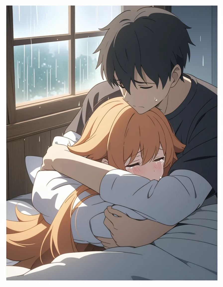 a boy and a girl in an intimate embrace on a bed, the boy crying while girl is hugging and comforting him,rain visible through a window, detailed anime style characters, 1boy, 1girl, anime, anime boy, anime fox girl, orange hair, lying down, hugging, crying, bedroom, intimate, sad, rainy window,, 8k, masterpiece, dramatic lighting