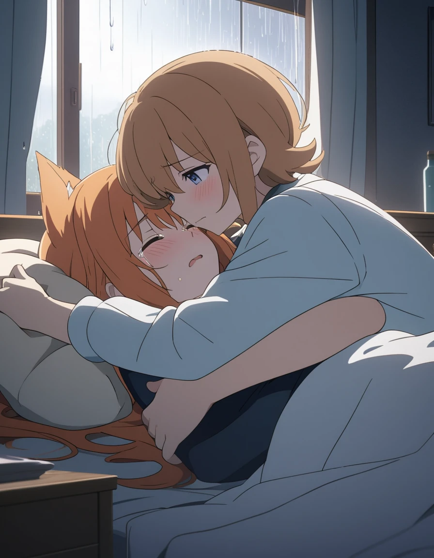 a boy and a girl in an intimate embrace on a bed, the boy crying while girl is hugging and comforting him,rain visible through a window, detailed anime style characters, 1boy, 1girl, anime, anime boy, anime fox girl, orange hair, lying down, hugging, crying, bedroom, intimate, sad, rainy window,, 8k, masterpiece, dramatic lighting