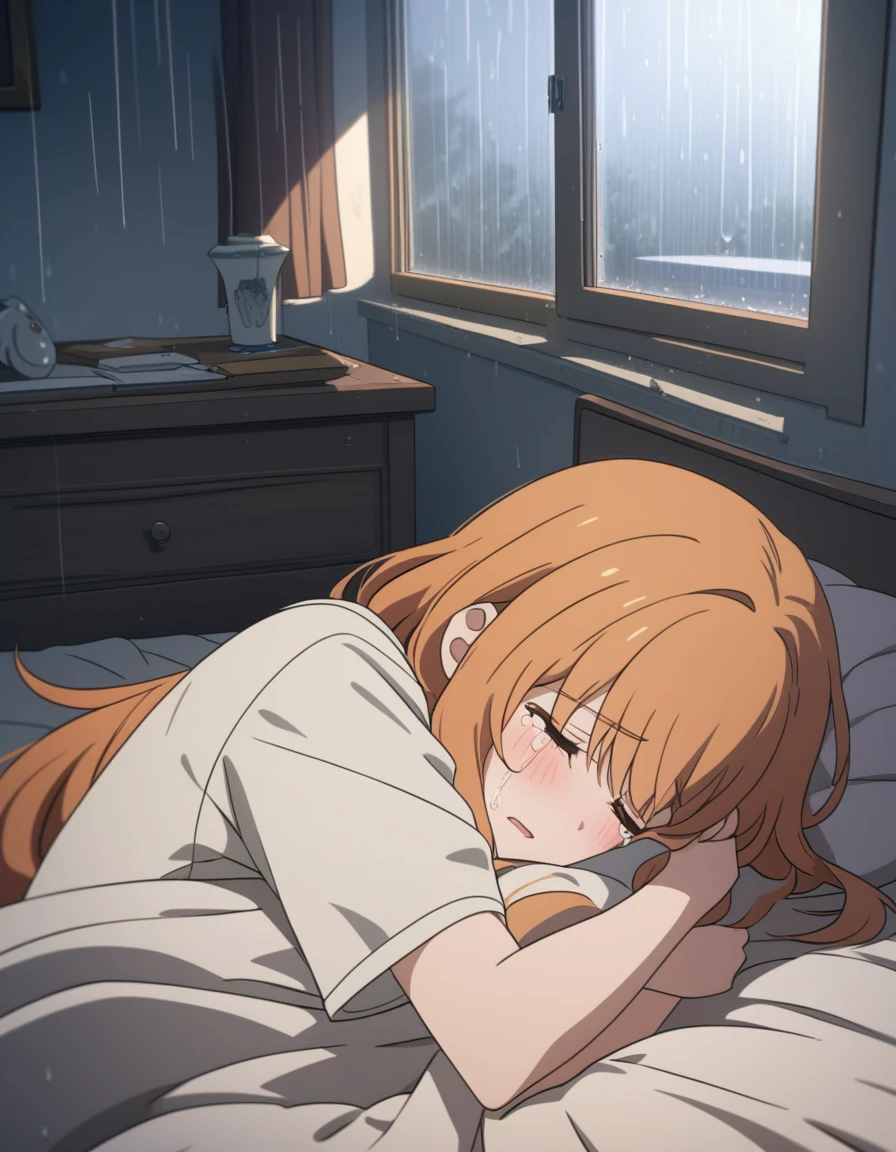 a boy and a girl in an intimate embrace on a bed, the boy crying while girl is hugging and comforting him,rain visible through a window, detailed anime style characters, 1boy, 1girl, anime, anime boy, anime fox girl, orange hair, lying down, hugging, crying, bedroom, intimate, sad, rainy window,, 8k, masterpiece, dramatic lighting