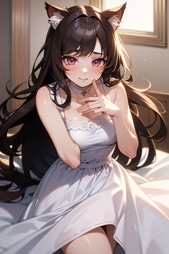 ((masterpiece)), ((detailed, high quality)), girl, cute face:1.2, soft brown hair, super straight hair, ((puppy ears down, floppy ears)), pink eyes, bedroom, close-up, cute pose, very long hair, fluffy bangs, ((dynamic pose)), brown sexy dress, sexy, choker