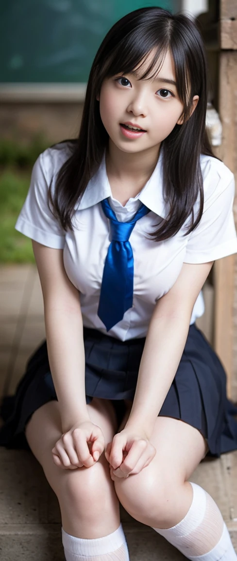 ((Breast enlargement)), (masterpiece, Highest quality:1.2), 8K, Young and beautiful girl, 85mm,Official AR RAW Photos, (Baby Face), ((Small face)), (((Super big breasts))), Detailed nipples, Show me your ears、photo shoot, Cute face, Thighs, Classroom after school, Looking at the audience, Embarrassing、smile、 makeup, Film Grain, chromatic aberration, Sharp focus, Face Light, Bright lighting, 10 generations, Detailed face, Background blur、(((((( old high school girl))))))、Narrow waist, ((Schoolgirl uniform, Pleated mini skirt)), (White tiny panties), Sit on the floor with your legs spread, (Looking up), Looking down from above, Close up of face and boobs, ((Stick your bottom out and open your mouth))