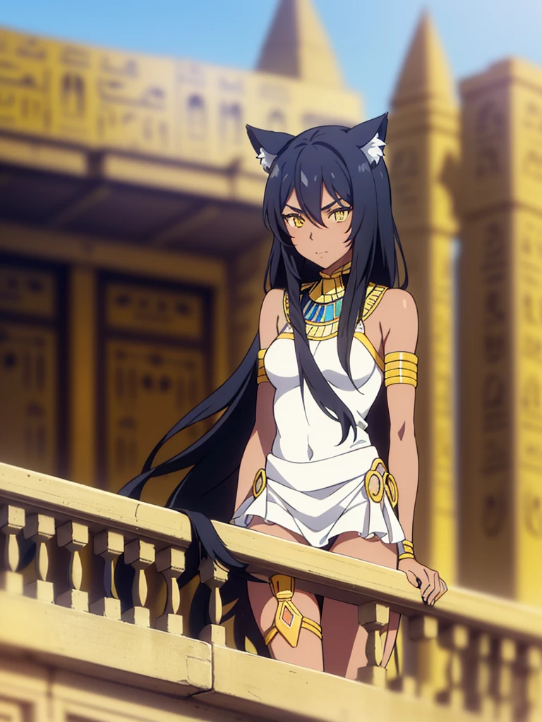 1girl ,solo,20s,mature female,black hair,long hair,cat ears,yellow eyes,(((dark skin))),(on the balcony, Egypt city, blue sky, sun),egypt oufit,bare shoulders,