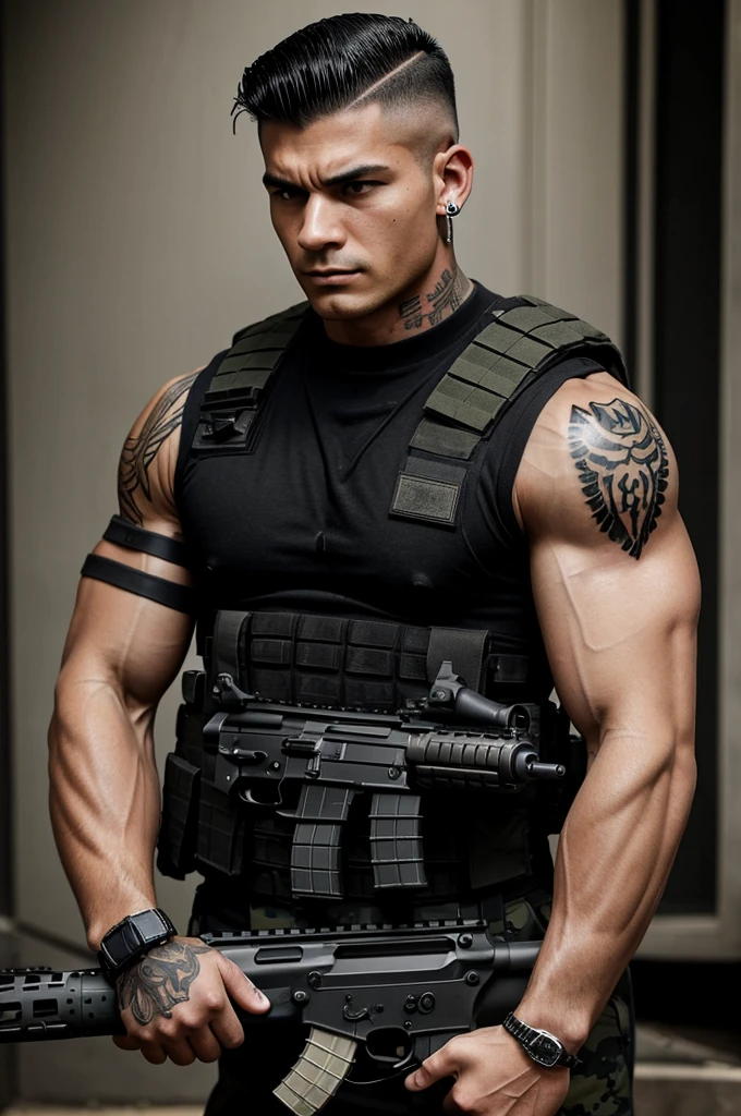 Muscular military man, With tattoos on his arms, chest and neck, long black hair shaved on the sides, piercings in his left ear and an hk416 rifle in his hands